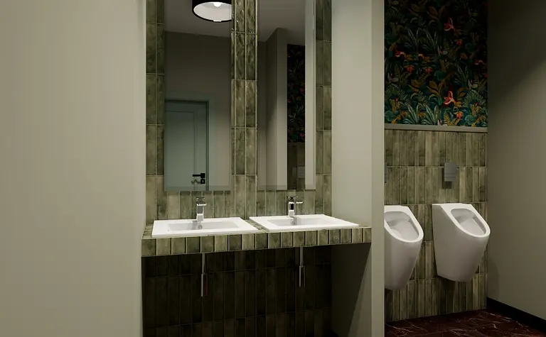 Wnętrze toalety z dwoma umywalkami i roślinnym muralem, styl eklektyczny.