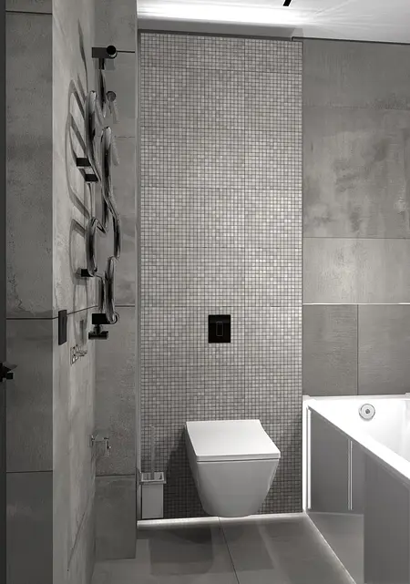 Nowoczesna łazienka z szarymi i białymi akcentami, inspirowana stylem dopamine decor, industrialnym, japandi.