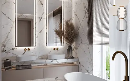 Nowoczesna łazienka z białą wanną i marmurowymi płytkami, styl dopamine decor i minimaluxe.