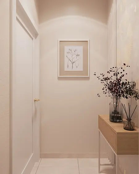 Minimalistyczny korytarz z drewnianą komodą i roślinami w nowoczesnym stylu.