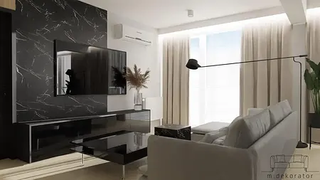 Wnętrze salonu w stylu minimalistycznym i nowoczesnym z czarnymi meblami.