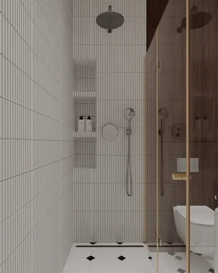 Minimalistyczna łazienka z prysznicem, vintage elementami i drewnianymi detalami.