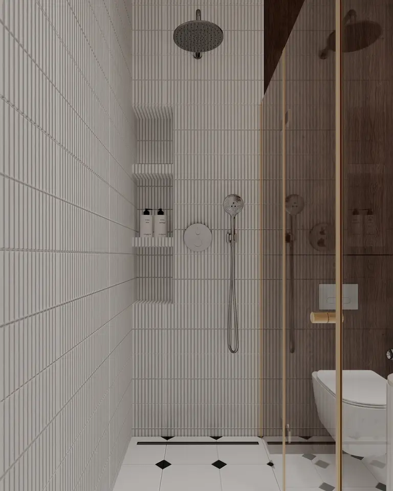 Minimalistyczna łazienka z prysznicem, vintage elementami i drewnianymi detalami.