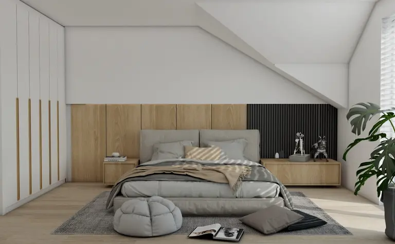Wnętrze sypialni z drewnianym łóżkiem, minimalistycznymi detalami i rośliną, styl industrialny.