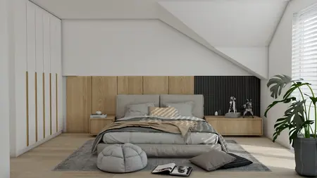 Wnętrze sypialni z drewnianym łóżkiem, minimalistycznymi detalami i rośliną, styl industrialny.