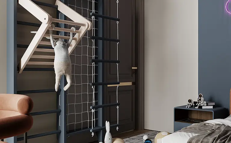 Wnętrze pokoju dziecięcego z huśtawką, zabawkami oraz elementami art deco i minimalistycznymi.