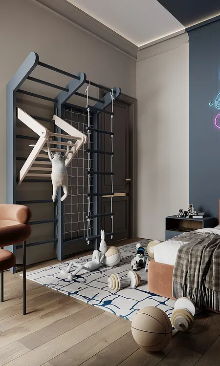 Wnętrze pokoju dziecięcego z huśtawką, zabawkami oraz elementami art deco i minimalistycznymi.