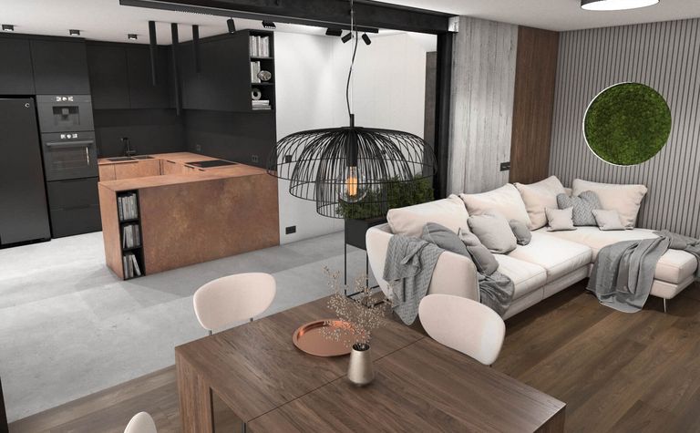 Wnętrze kuchni z minimalistycznym designem, nowoczesne meble, drewniany stół i stylowe oświetlenie.