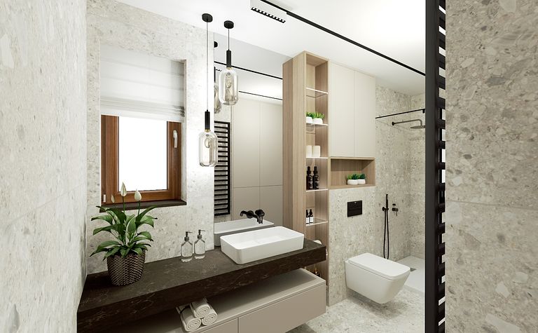 Wnętrze łazienki z jasnymi płytkami, drewnianym blatem i roślinami