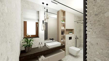 Wnętrze łazienki z jasnymi płytkami, drewnianym blatem i roślinami