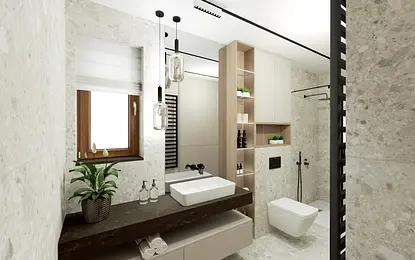 Wnętrze łazienki z jasnymi płytkami, drewnianym blatem i roślinami