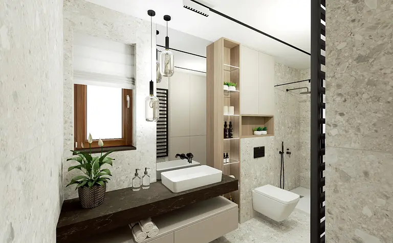 Wnętrze łazienki z jasnymi płytkami, drewnianym blatem i roślinami