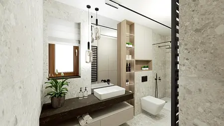 Wnętrze łazienki z jasnymi płytkami, drewnianym blatem i roślinami