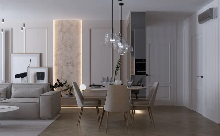 Wnętrze jadalni w stylu minimalistycznym z art deco i współczesnym akcentem.