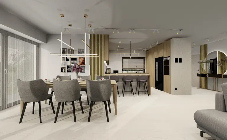 Wnętrze kuchni w stylu art deco, minimalistycznym i nowoczesnym z drewnianymi detalami.