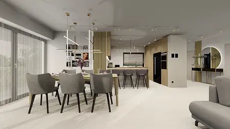Wnętrze kuchni w stylu art deco, minimalistycznym i nowoczesnym z drewnianymi detalami.