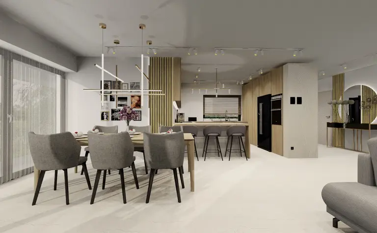 Wnętrze kuchni w stylu art deco, minimalistycznym i nowoczesnym z drewnianymi detalami.