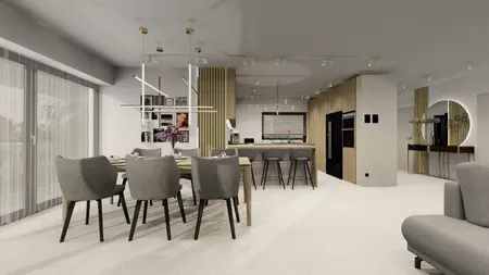 Wnętrze kuchni w stylu art deco, minimalistycznym i nowoczesnym z drewnianymi detalami.