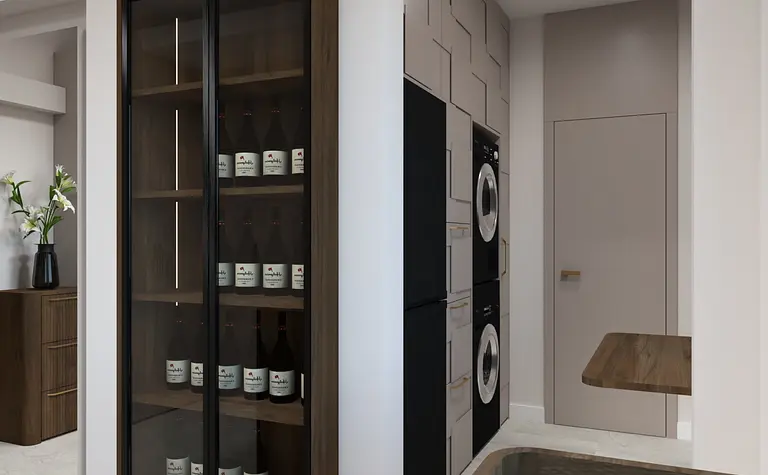 Współczesne wnętrze z drewnianą witryną i pralką, przytulna przestrzeń