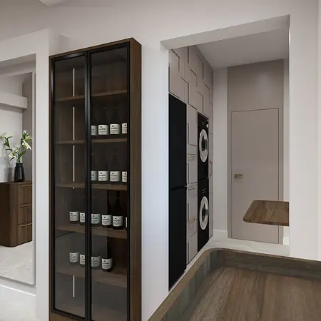 Współczesne wnętrze z drewnianą witryną i pralką, przytulna przestrzeń