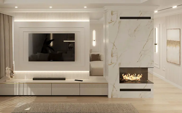 Wnętrze salonu z białymi meblami, kominkiem oraz elementami art deco i glamour.
