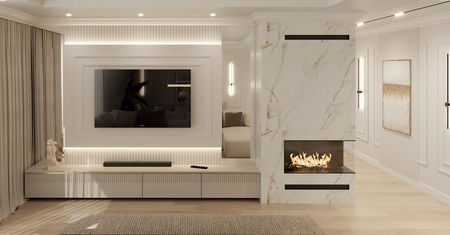 Wnętrze salonu z białymi meblami, kominkiem oraz elementami art deco i glamour.