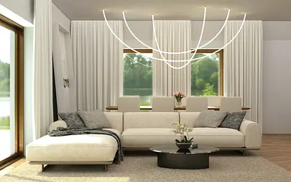 Minimalistyczny salon z jasnymi meblami i dużym oknem