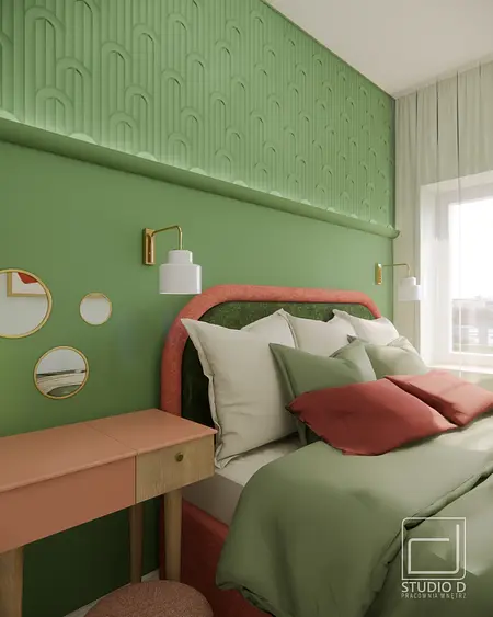 Sypialnia w stylu boho, eklektycznym, japandi i soft minimalizm z zielonymi i różowymi elementami.