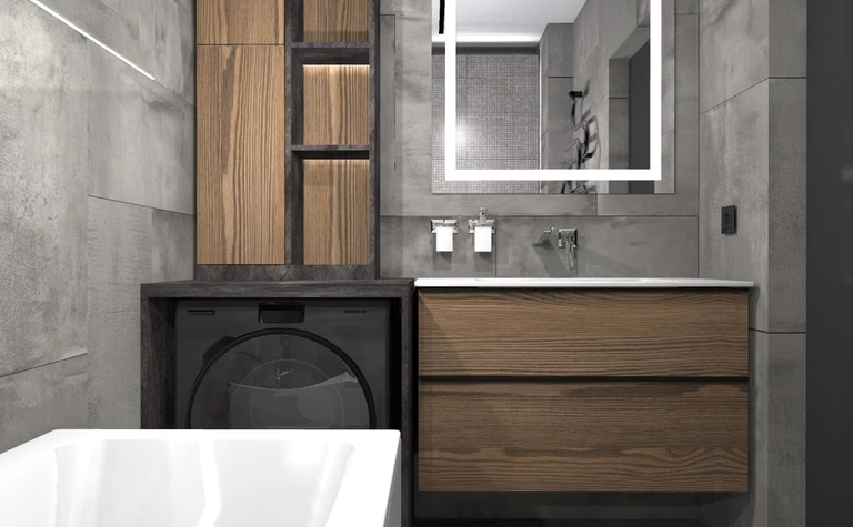 Wnętrze łazienki w stylu dopamine decor, industrialnym i japandi z drewnianymi meblami.