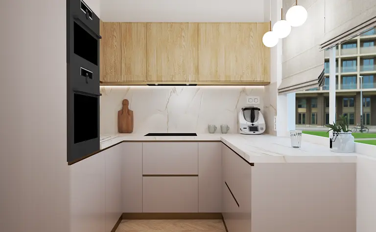 Nowoczesna kuchnia w stylu art deco z drewnianymi meblami i minimalistycznymi detalami