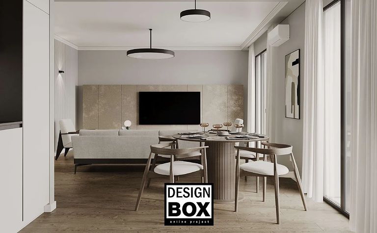 Wnętrze kuchni w stylu industrialnym i minimalistycznym z szarymi meblami i drewnem.