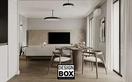 Wnętrze kuchni w stylu industrialnym i minimalistycznym z szarymi meblami i drewnem.