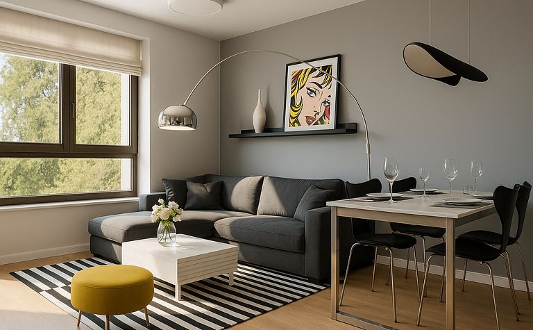 Wnętrze salonu w stylu eklektycznym z szarymi meblami, żółtym pufem i nowoczesną lampą.