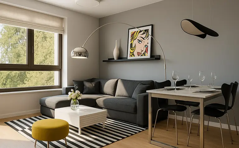 Wnętrze salonu w stylu eklektycznym z szarymi meblami, żółtym pufem i nowoczesną lampą.