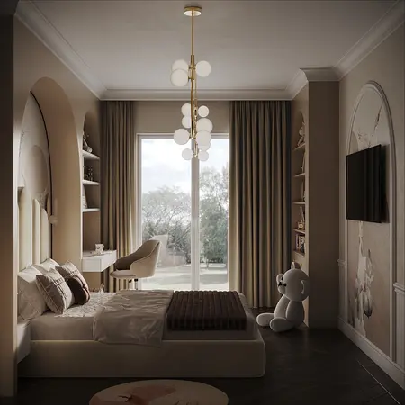 Sypialnia z jasnymi kolorami, dużym oknem i lampą w stylu quiet luxury.