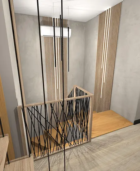 Nowoczesny korytarz z drewnianą balustradą i oświetleniem.