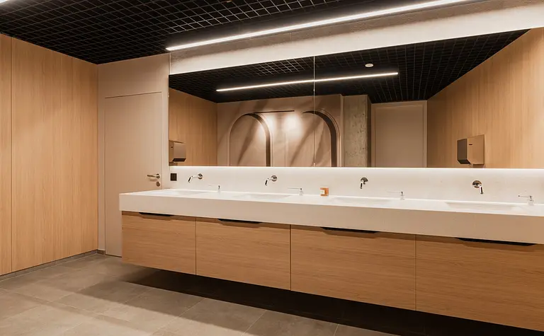 Wnętrze łazienki z drewnianymi meblami, nowoczesnym designem i minimalistycznym wykończeniem.