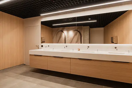 Wnętrze łazienki z drewnianymi meblami, nowoczesnym designem i minimalistycznym wykończeniem.