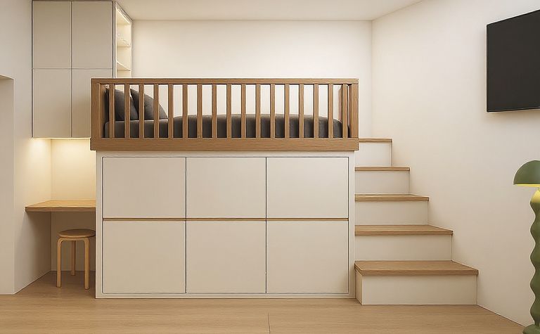 Wnętrze w stylu boho, industrialnym i minimalistycznym z podestem.