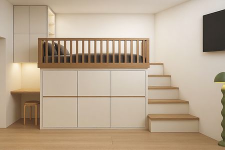 Wnętrze w stylu boho, industrialnym i minimalistycznym z podestem.