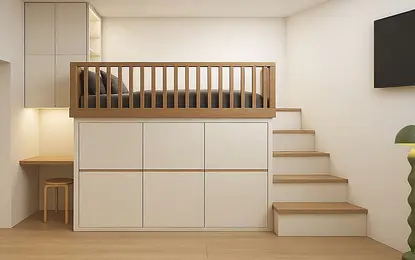 Wnętrze w stylu boho, industrialnym i minimalistycznym z podestem.