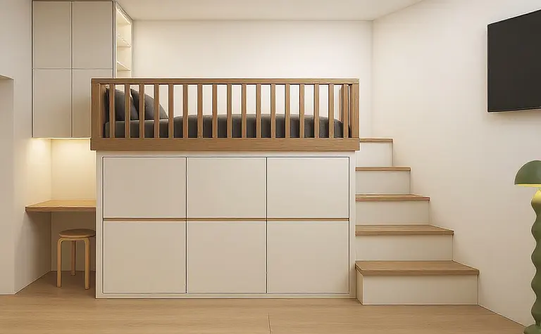 Wnętrze w stylu boho, industrialnym i minimalistycznym z podestem.