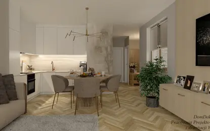 Wnętrze kuchni w stylu japandi i skandynawskim z drewnianą podłogą i nowoczesnym oświetleniem.