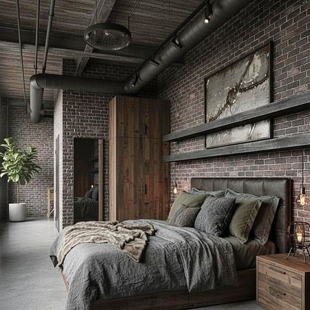 Sypialnia w stylu industrialnym z drewnianym łóżkiem i ceglaną ścianą.