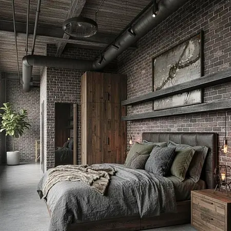Sypialnia w stylu industrialnym z drewnianym łóżkiem i ceglaną ścianą.