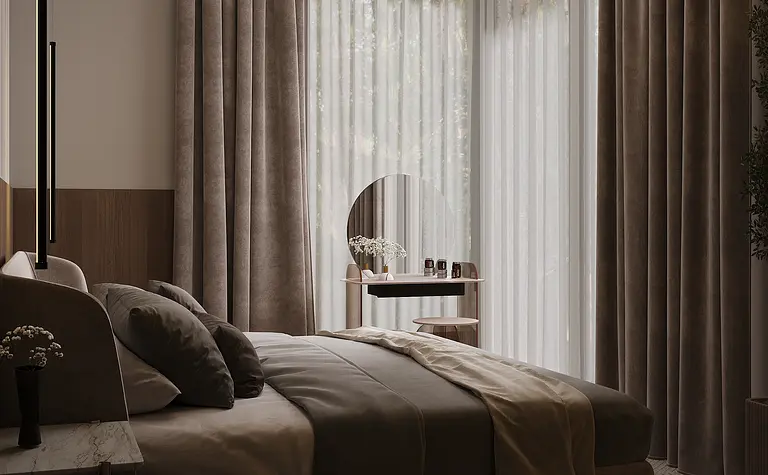 Wnętrze sypialni w stylu art deco i minimalistycznym z brązowym łóżkiem i dużymi oknami.