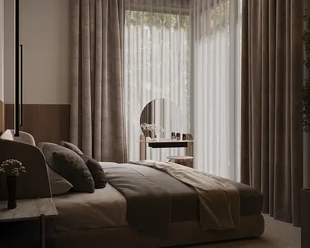 Wnętrze sypialni w stylu art deco i minimalistycznym z brązowym łóżkiem i dużymi oknami.