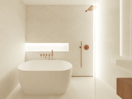 Nowoczesna łazienka z minimalistycznym designem, wanną i oświetleniem LED.