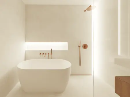 Nowoczesna łazienka z minimalistycznym designem, wanną i oświetleniem LED.