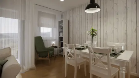 Wnętrze jadalni w stylu japandi, nowoczesnym i skandynawskim z białym stołem.